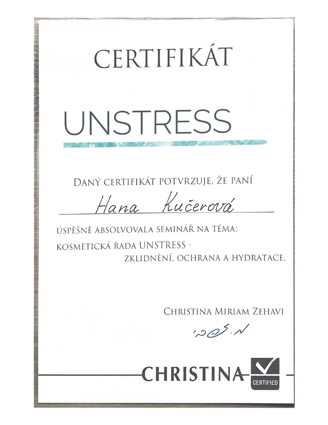 Certifikát Christina — kosmetická řada Unstress