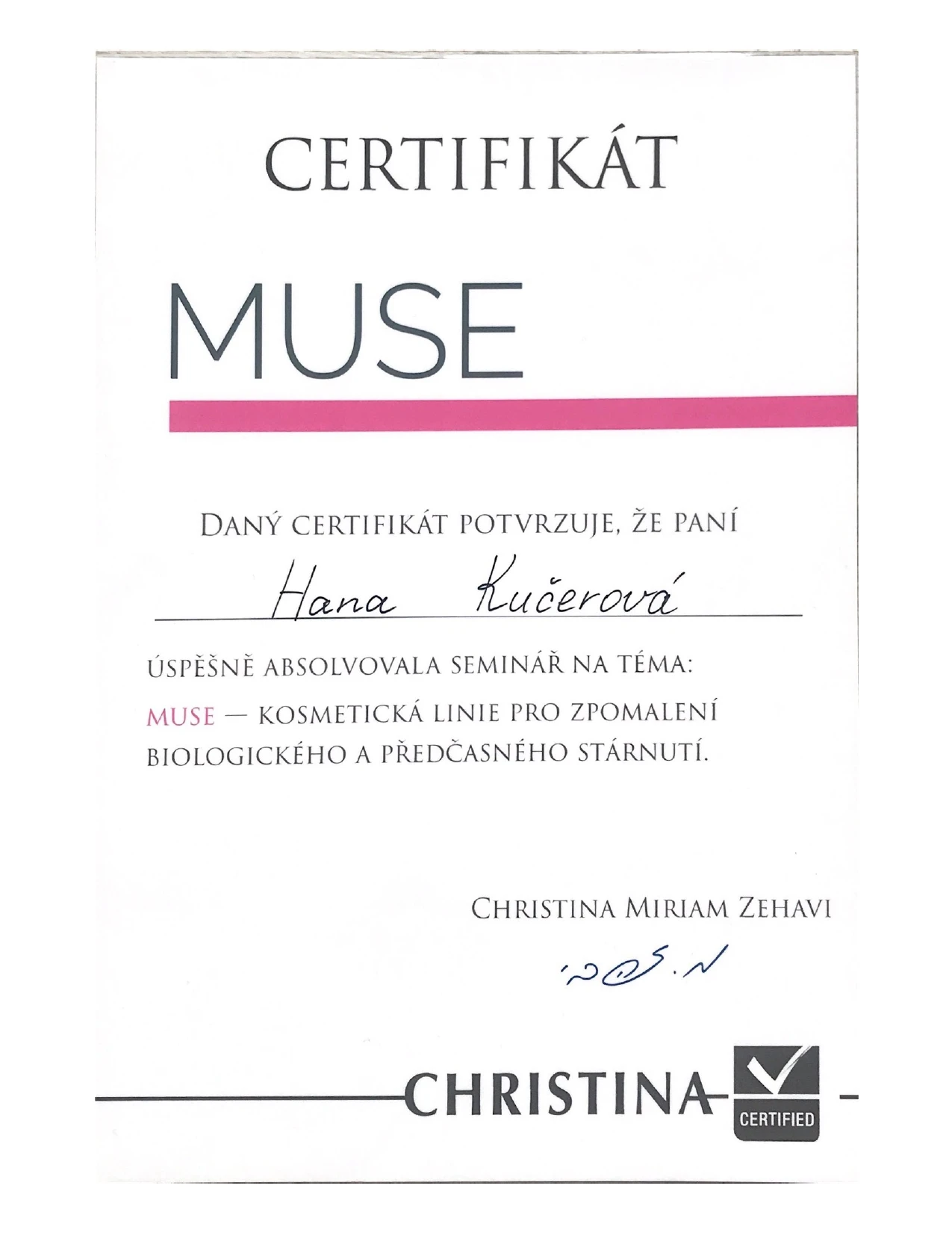 Certifikát Christina — kosmetická řada Muse
