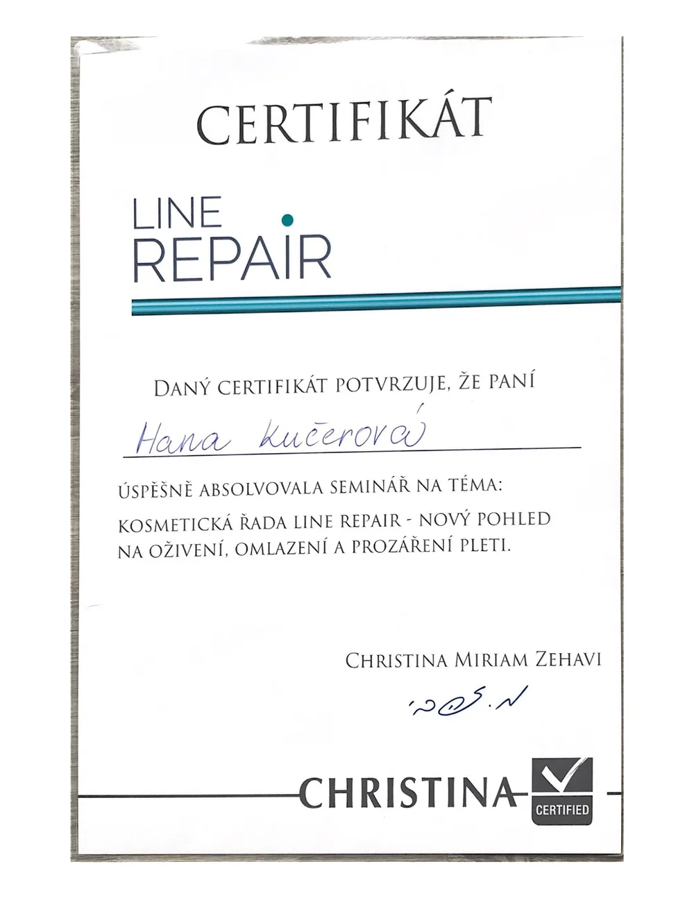 Certifikát Christina — kosmetická řada Line Repair