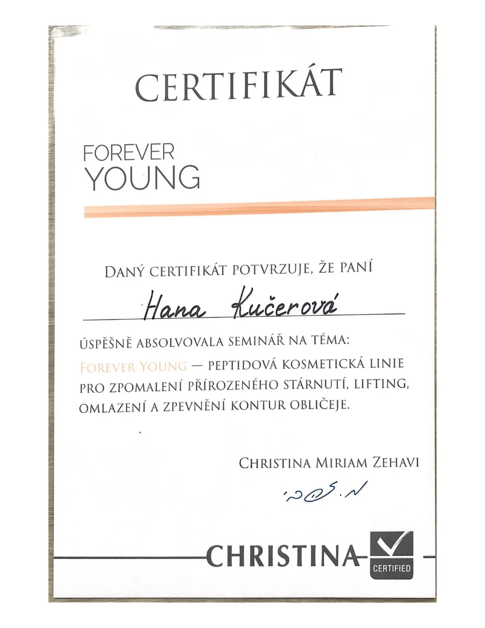 Certifikát Christina — kosmetická řada Forever Young